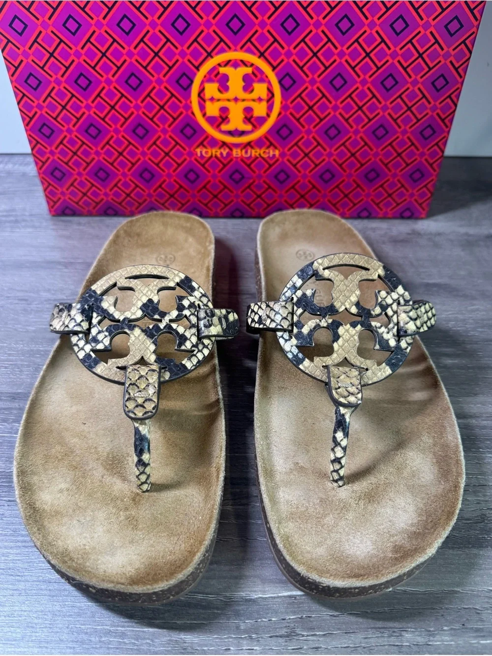 Tory Burch Snake-Print Miller Cloud Thong Sandals size 9 IMMACULATE